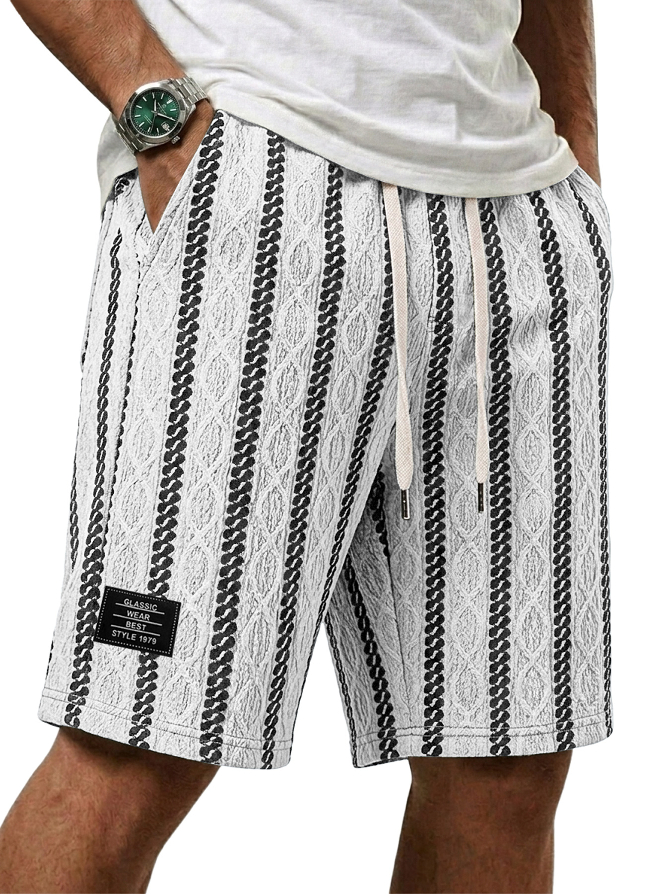Men's Casual Jacquard Textured Embroidered Logo Loose Shorts