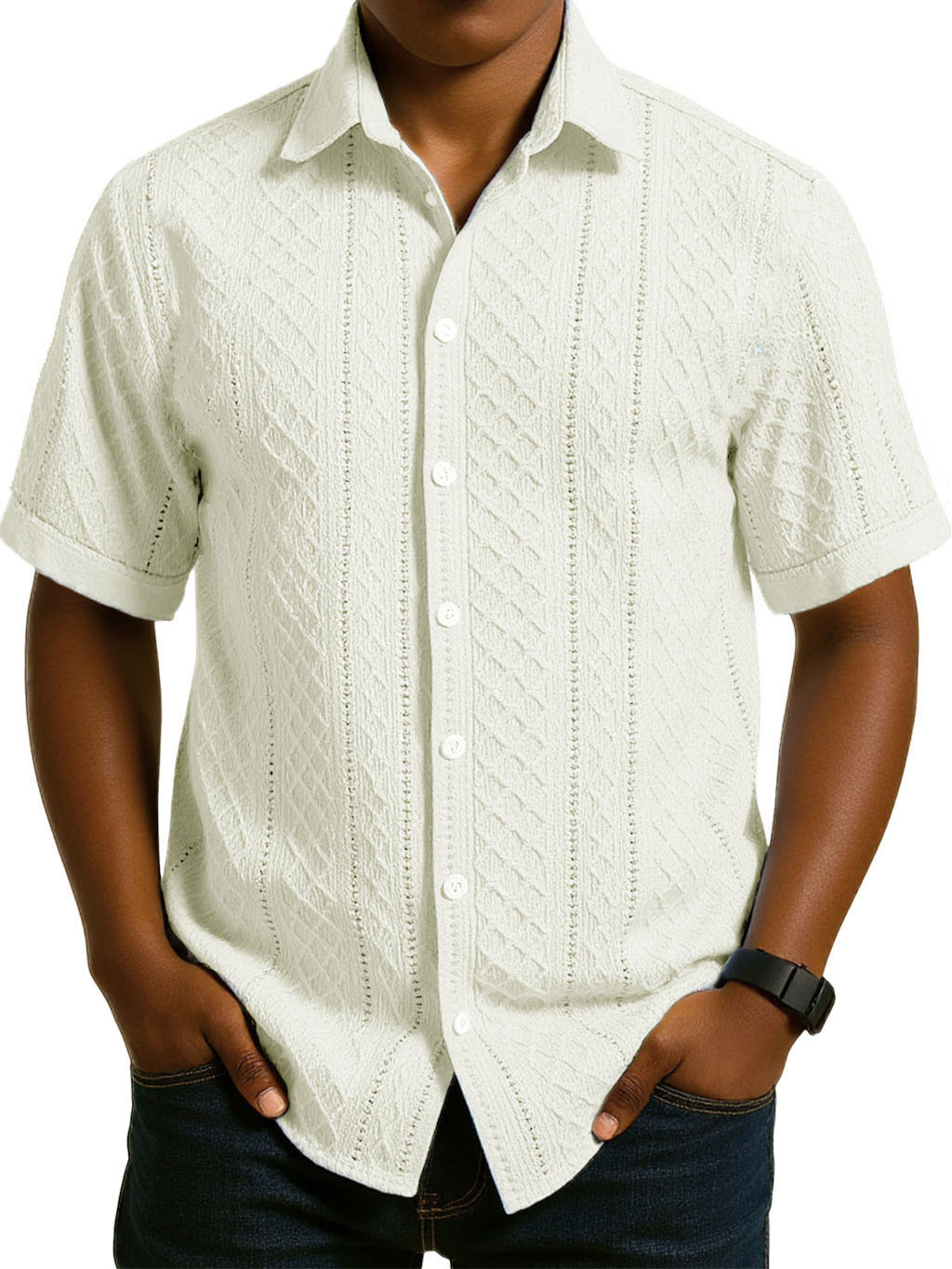 Men's Fashion Casual Jacquard Fabric Lapel Short-sleeved Shirt