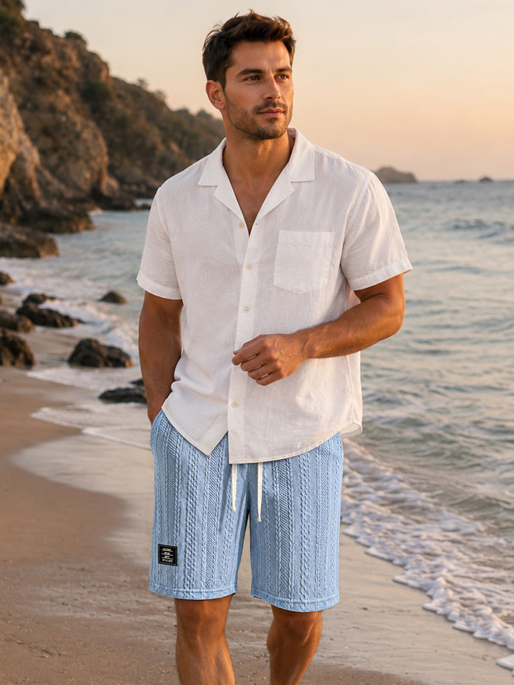 Men's Textured Embroidered Logo Elastic-Waist Casual Shorts