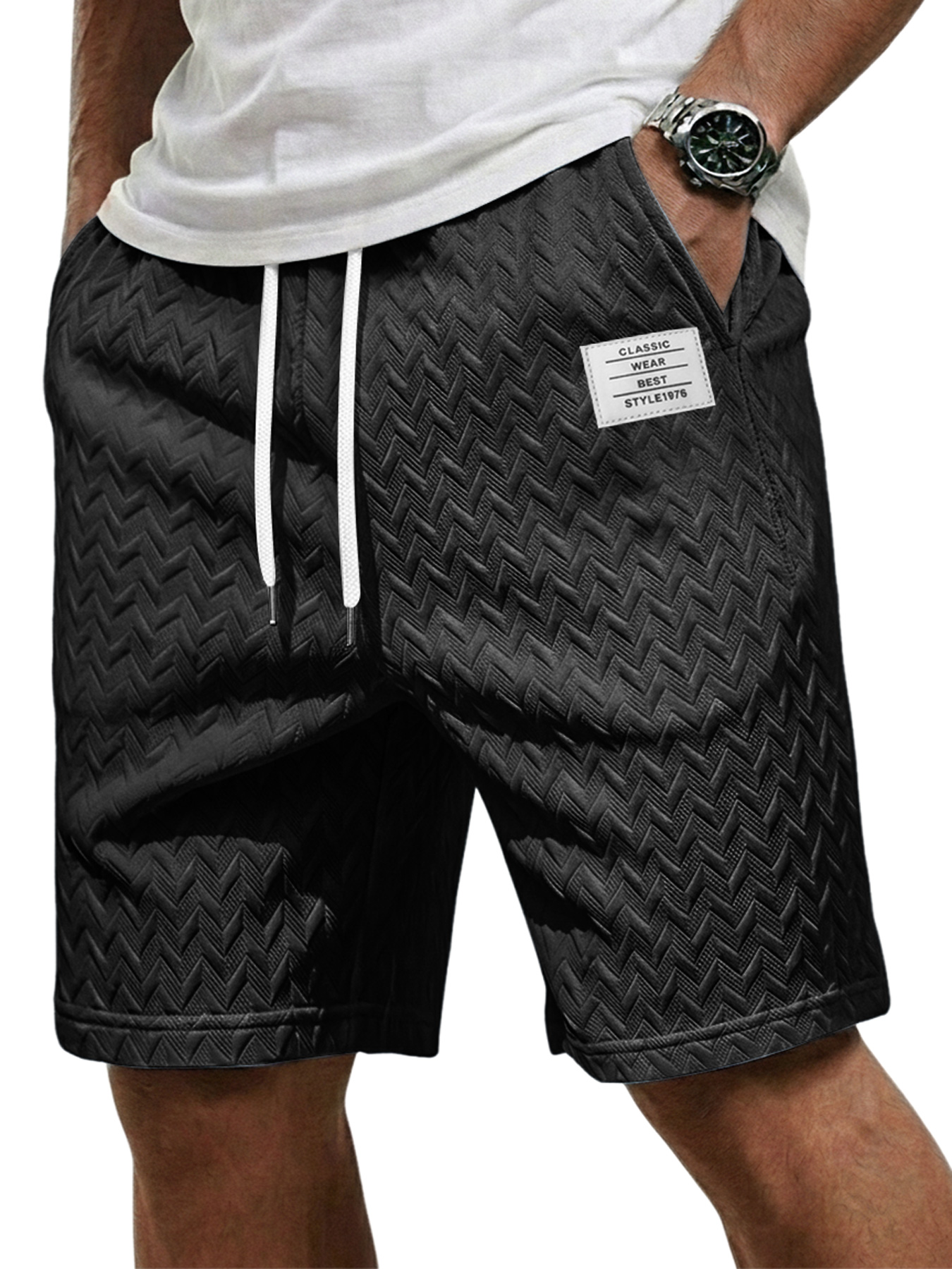 Men's Casual Jacquard Textured Embroidered Logo Elastic Waist Shorts