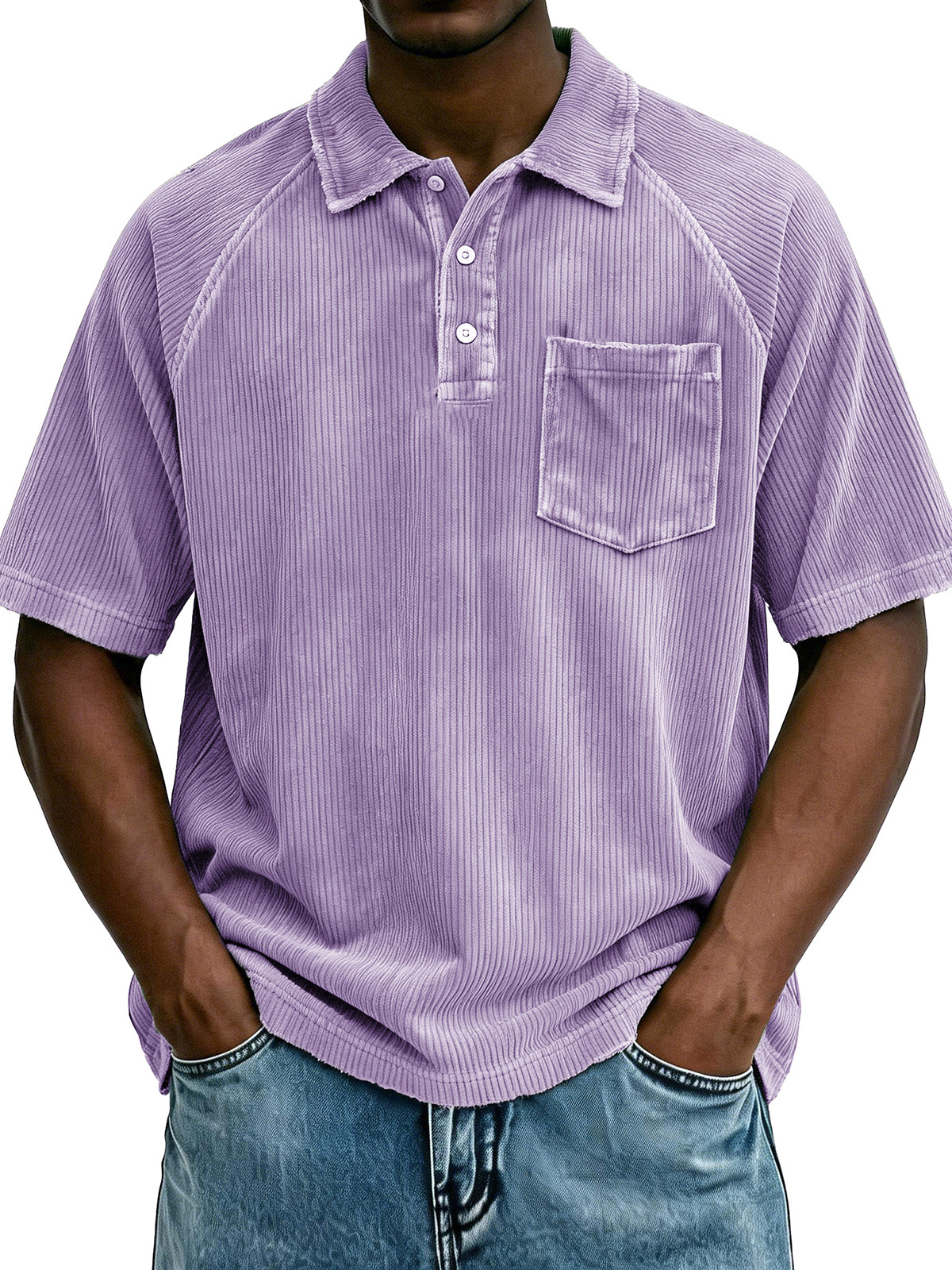 Men's Retro Raglan Pocket Zipper Loose Short-Sleeve Polo Shirt