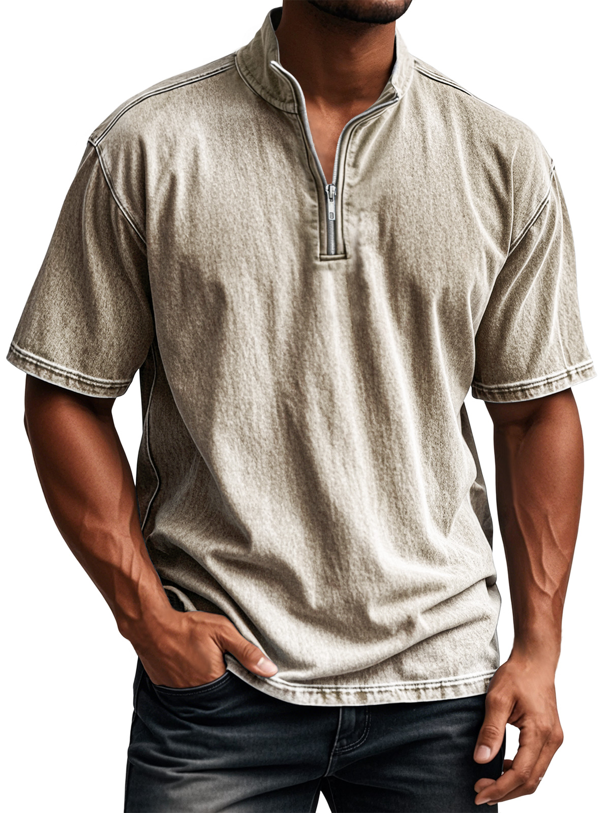 Men's Retro Everyday Stand Collar Quarter Zip Casual Short Sleeve T-Shirt