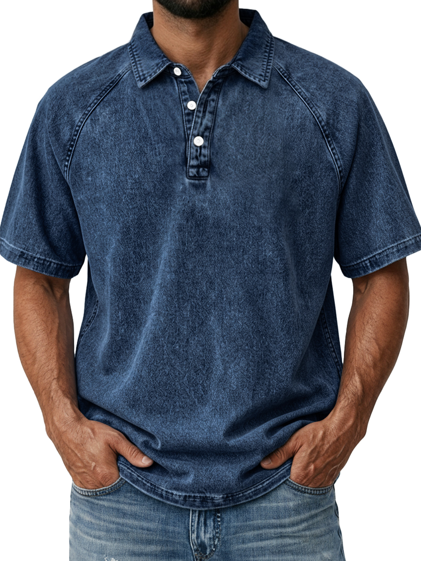 Men's Casual Retro Raglan Collar Button-Down Short Sleeve Polo Shirt