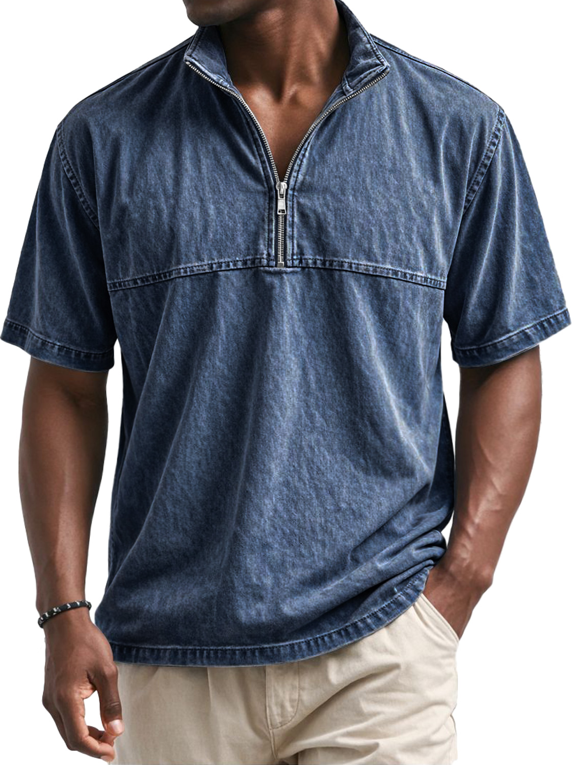 Men's Vintage Stand-collar Short-sleeved T-shirt With Zipper And Panel Design