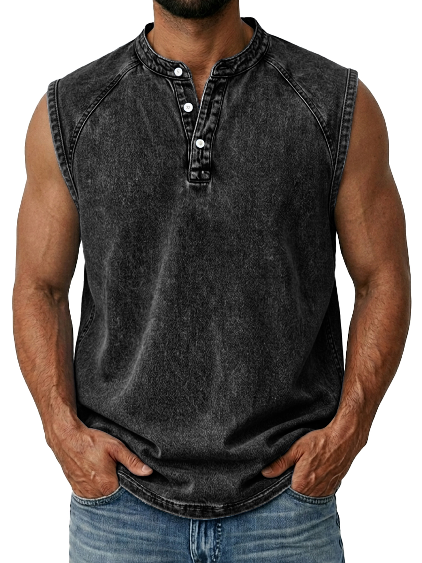 Men's Retro Raglan Collar Button Casual Sleeveless Henley Shirt