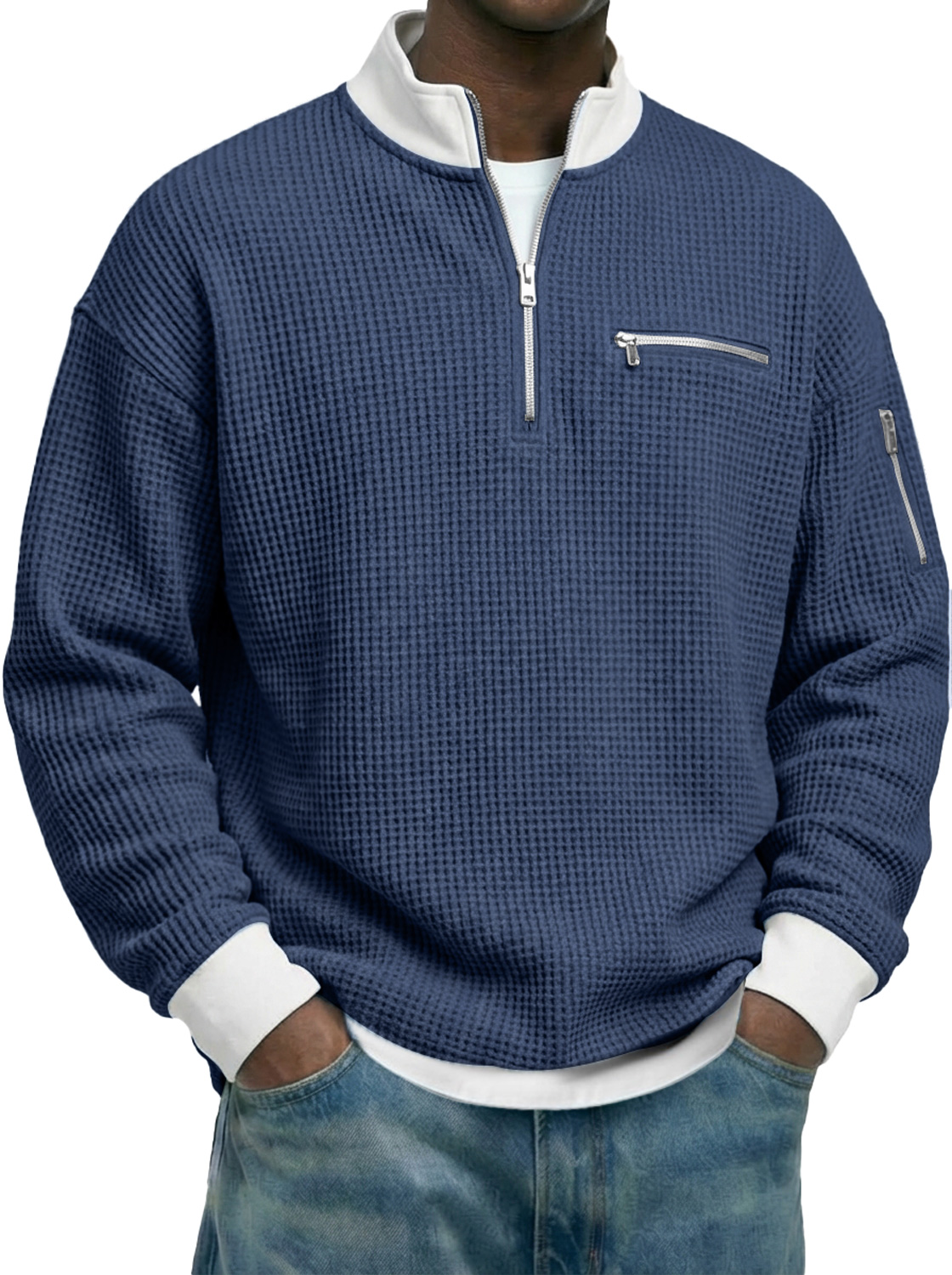 Men's Waffle-knit Stand-collar Color-block Zippered Casual Long-sleeved T-shirt