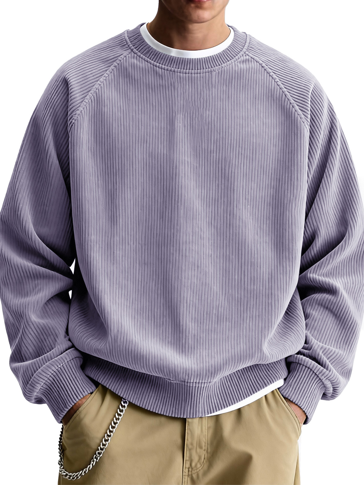 Men's Fashionable Casual Ribbed Fabric Raglan Neck Long-Sleeved Top