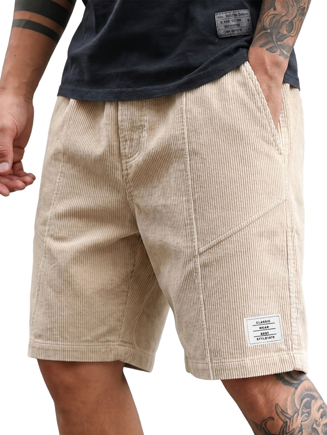 Men's Fashion Deconstructed Corduroy Embroidered Logo Shorts