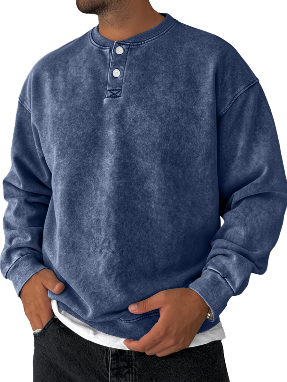 Men's Retro Solid Color Casual Loose Henley Sweatshirt