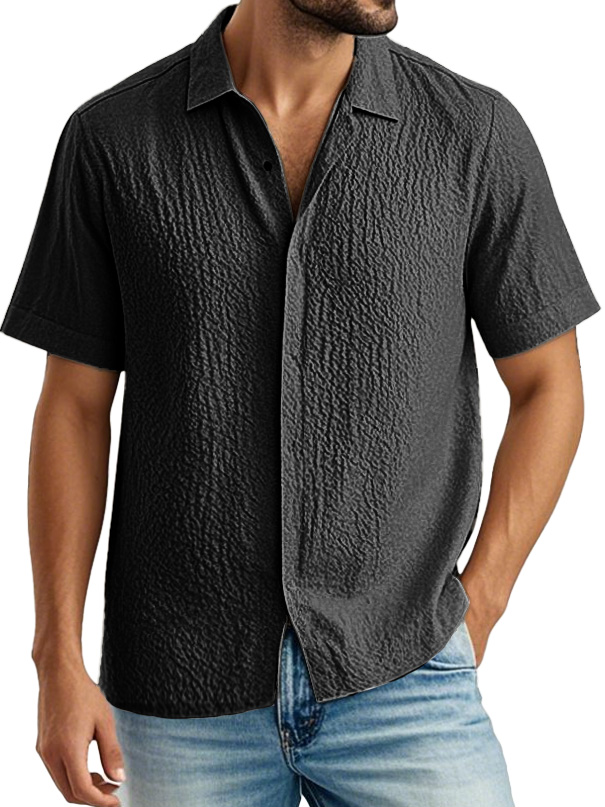 Men's Fashion Casual Pleated Fabric Lapel Short Sleeve Shirt