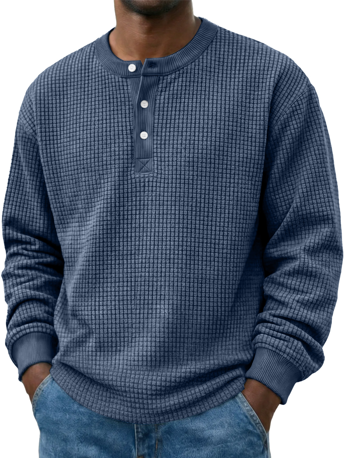 Men's Casual Corduroy Waffle-knit Solid Color Long-sleeved Henley Shirt