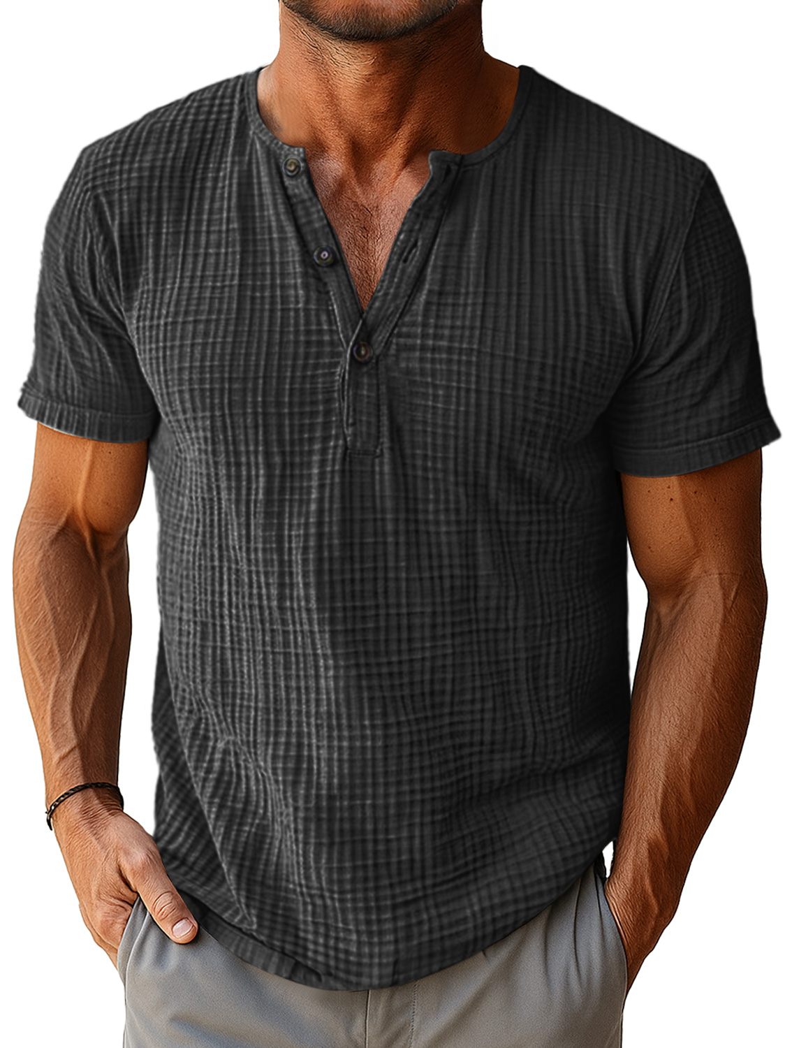 Men's Retro Everyday Pleated Texture Button Solid Color Short Sleeve Henley Shirt