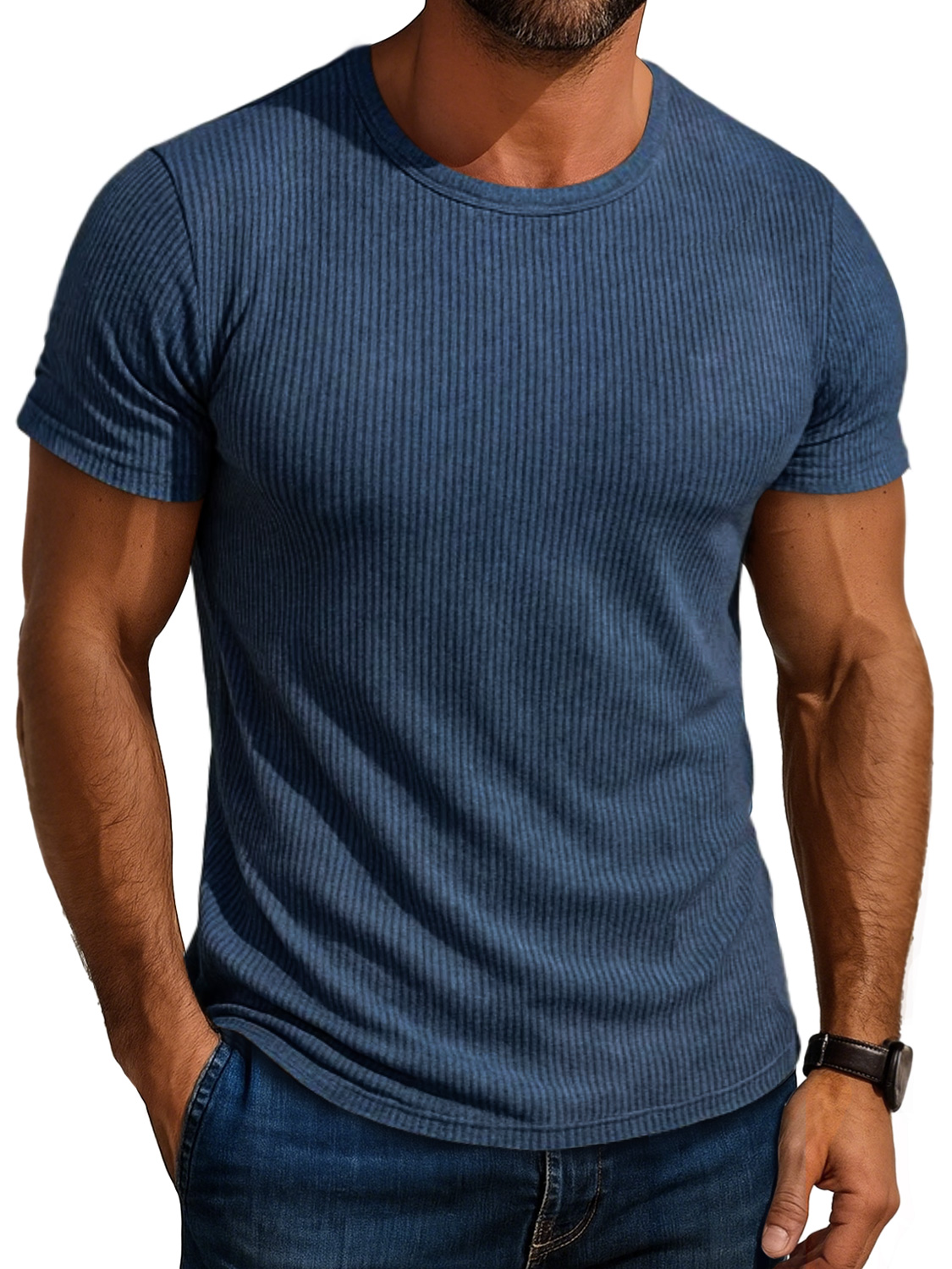 Men's Daily Round Neck Ribbed Casual Comfortable Solid Color Short-sleeved T-shirt