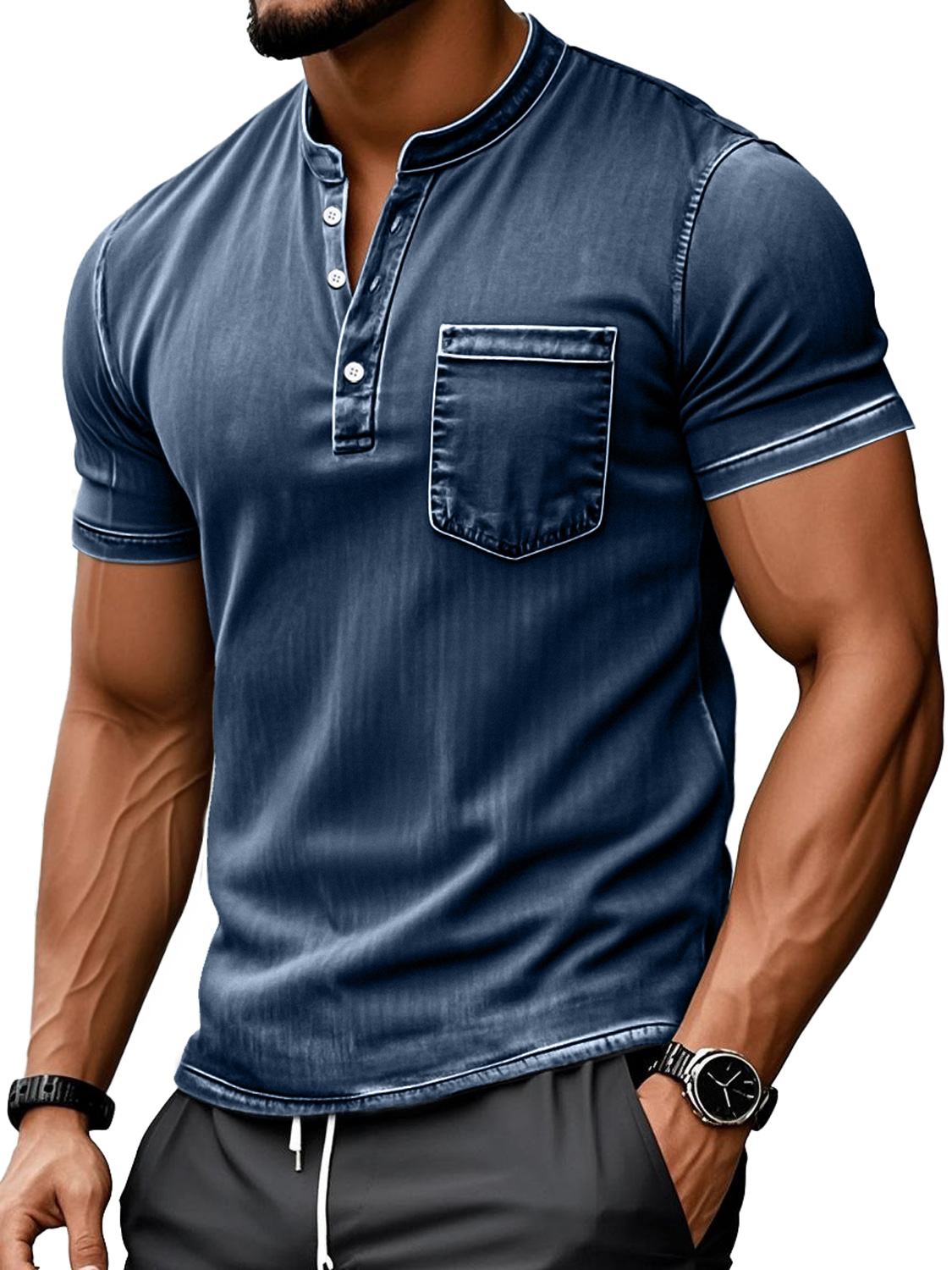 Men's Retro Everyday Stand Collar Pocket Casual Short Sleeve Henley Shirt