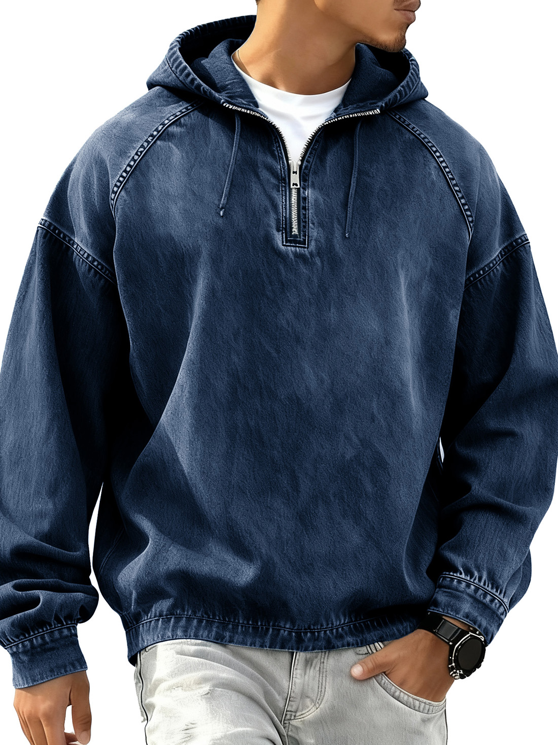 Men's Retro Fashion Distressed Raglan Long-Sleeve Hoodie