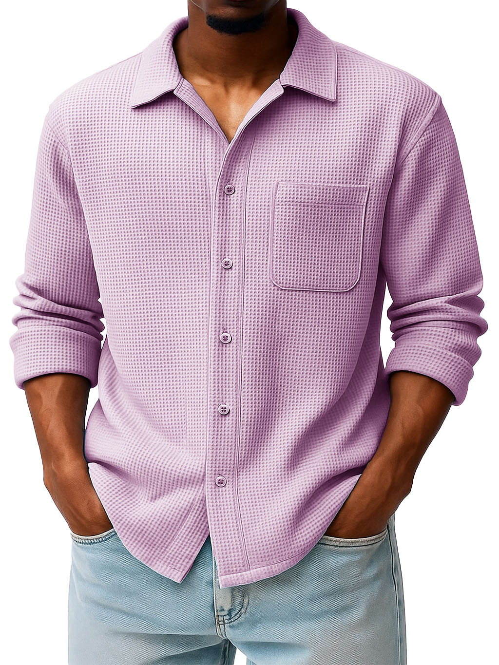 Men's Fashion Casual Waffle Fabric Pocket Long Sleeve Lapel Shirt