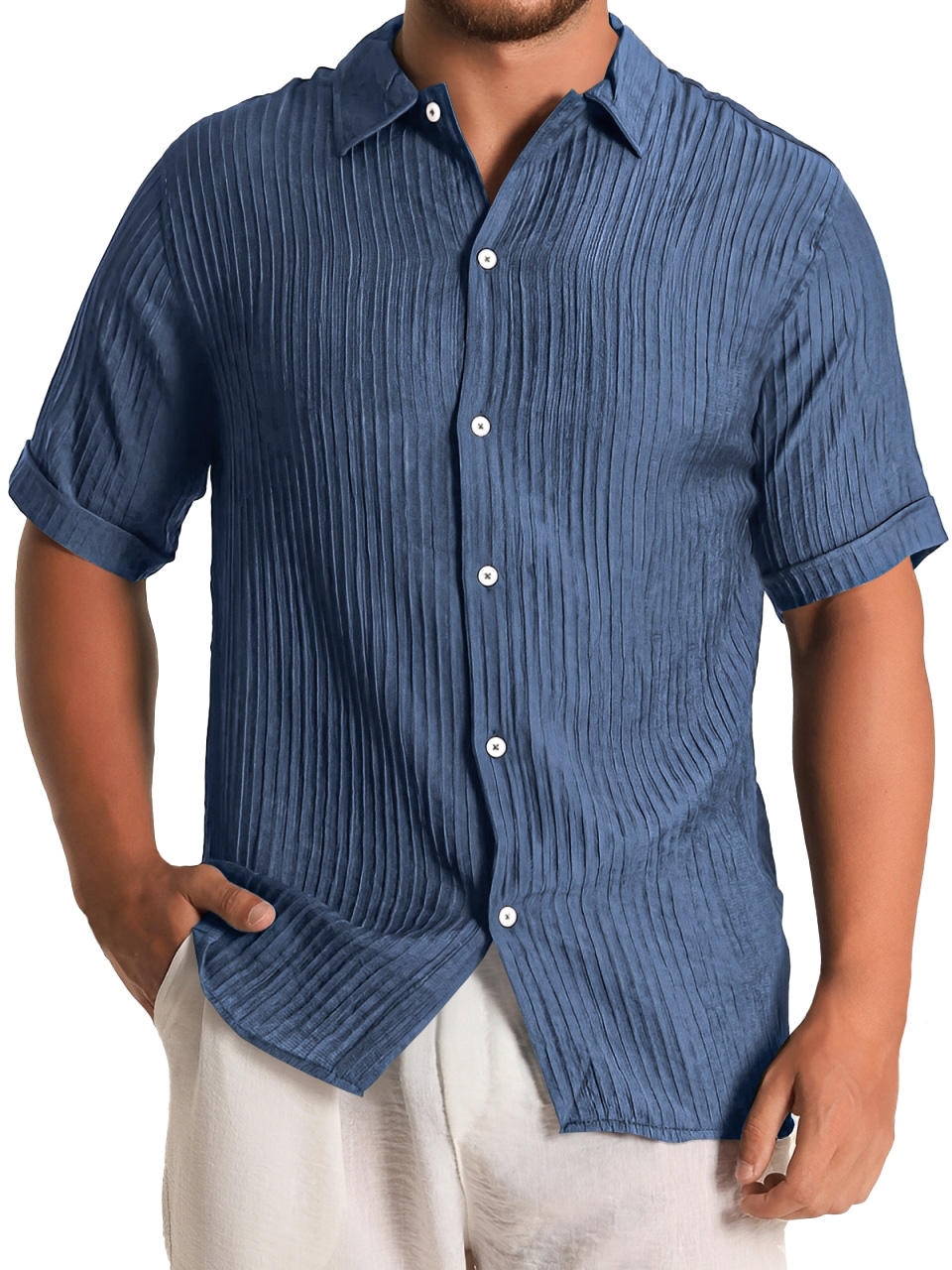 Men's Fashion Daily Pleated Casual Solid Color Short Sleeve Shirt