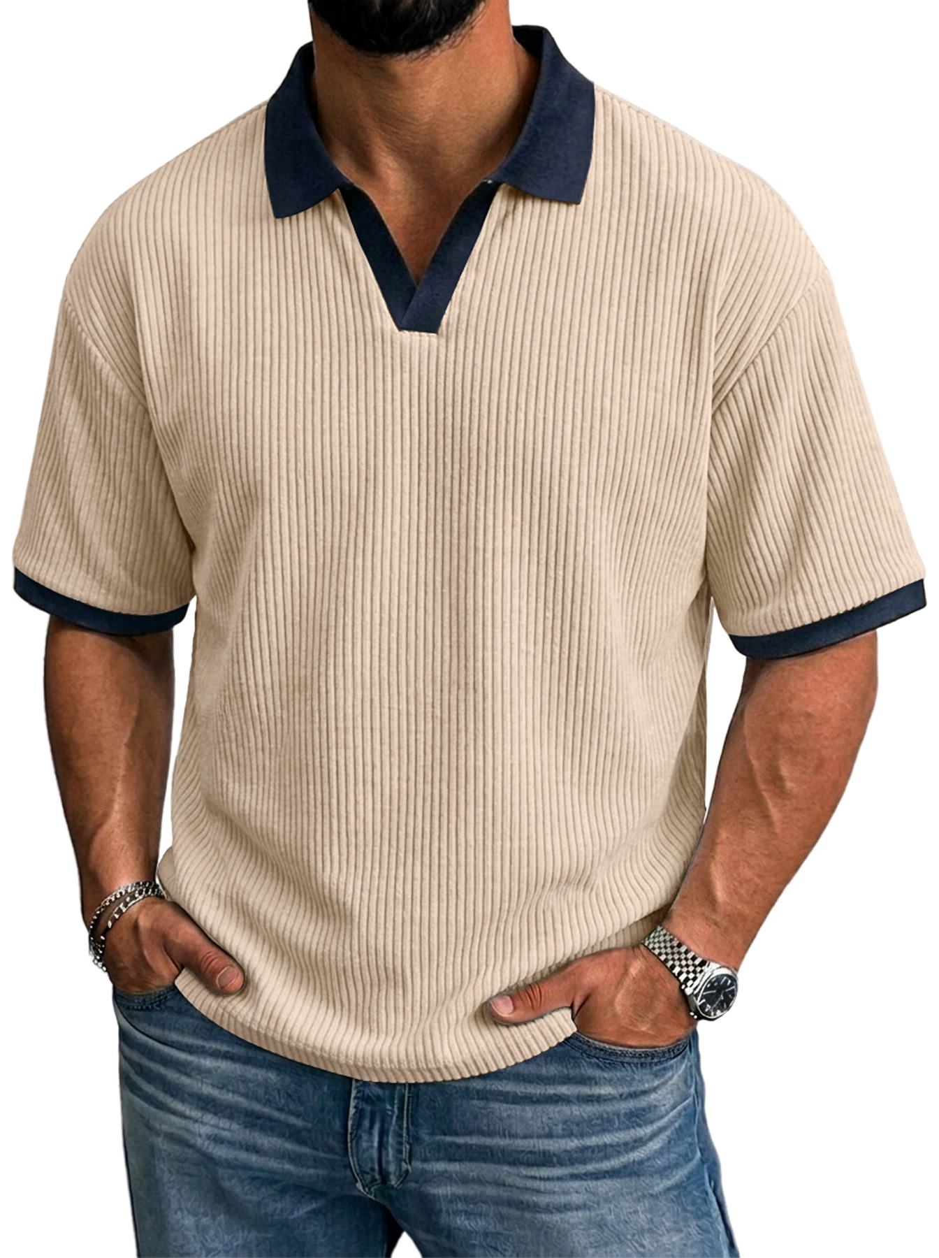 Men's Simple Ribbed Color Block Casual Short-Sleeve Polo Shirt