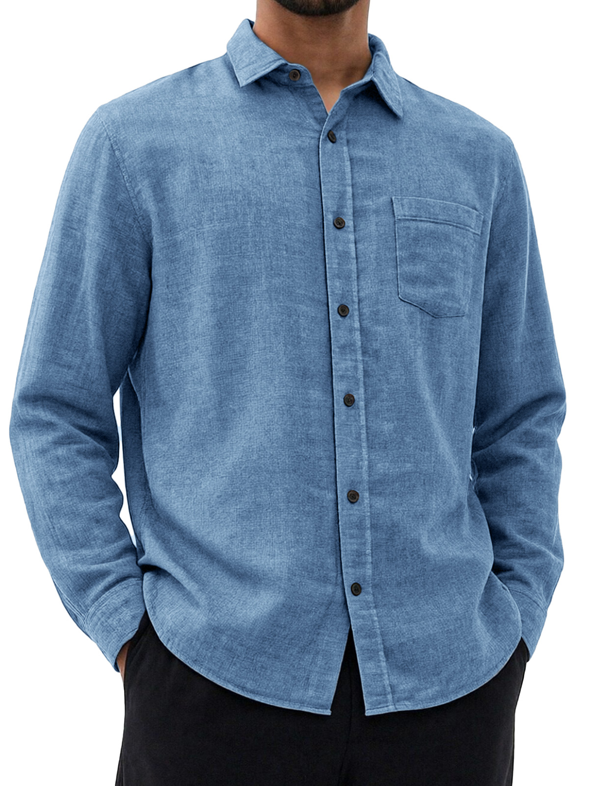Men's Retro Simple And Versatile Solid Color Collared Long-sleeved Shirt