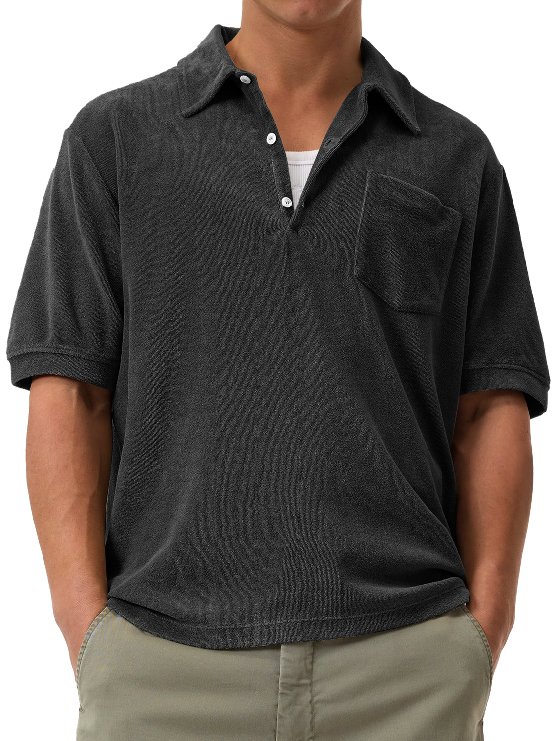 Men's Daily Casual Suede Lapel Button Solid Color Comfortable Short-Sleeved Polo Shirt