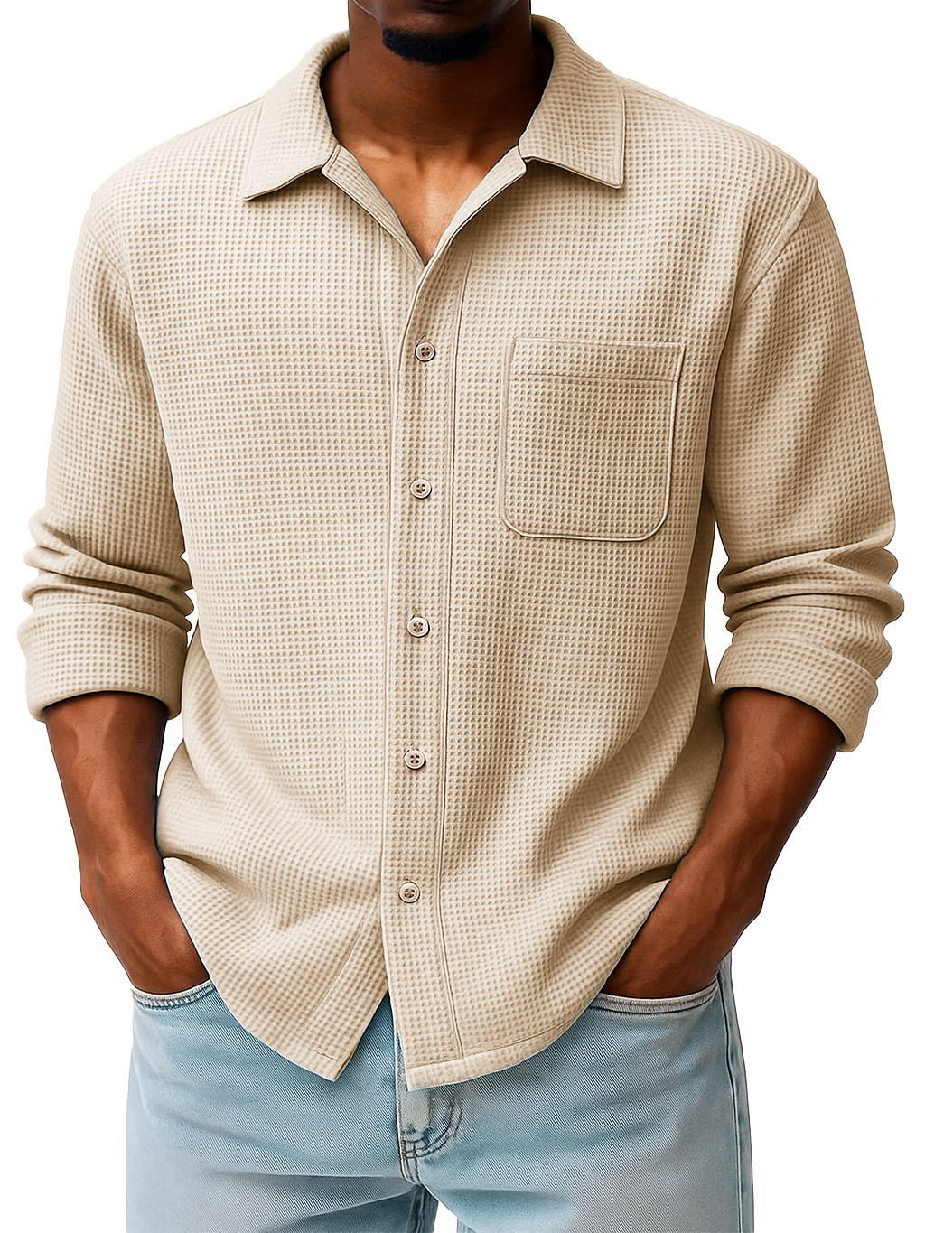 Men's Fashion Casual Waffle Fabric Pocket Long Sleeve Lapel Shirt