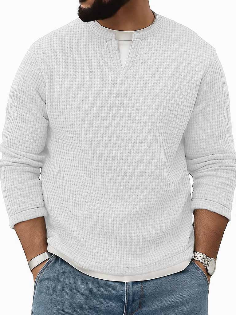 Men's Stylish Vintage Waffle Fabric V-neck Simulated Two-piece Loose-fitting Long-sleeved T-shirt