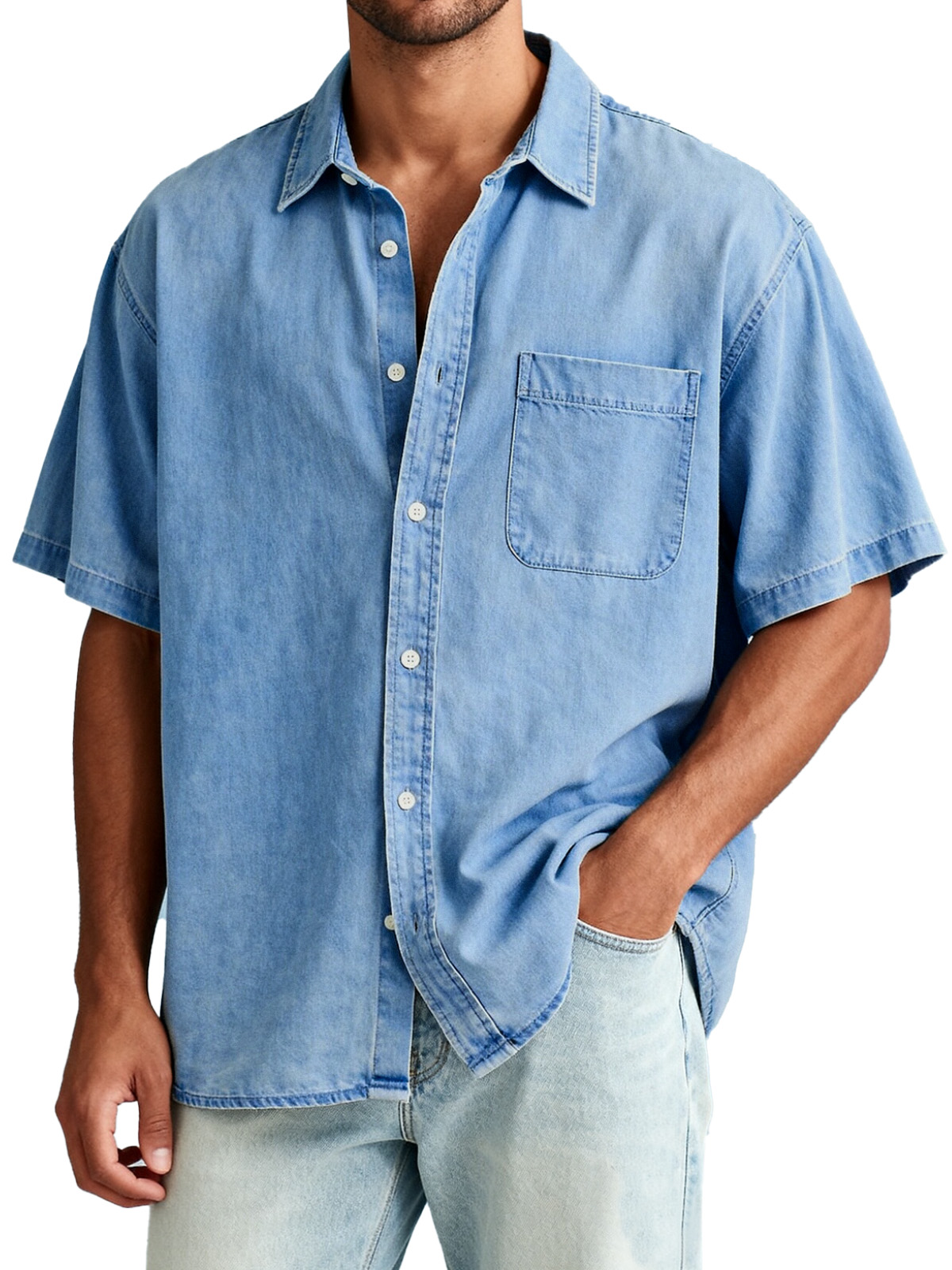 Men's American Retro Solid Color Short Sleeve Shirt with Pocket