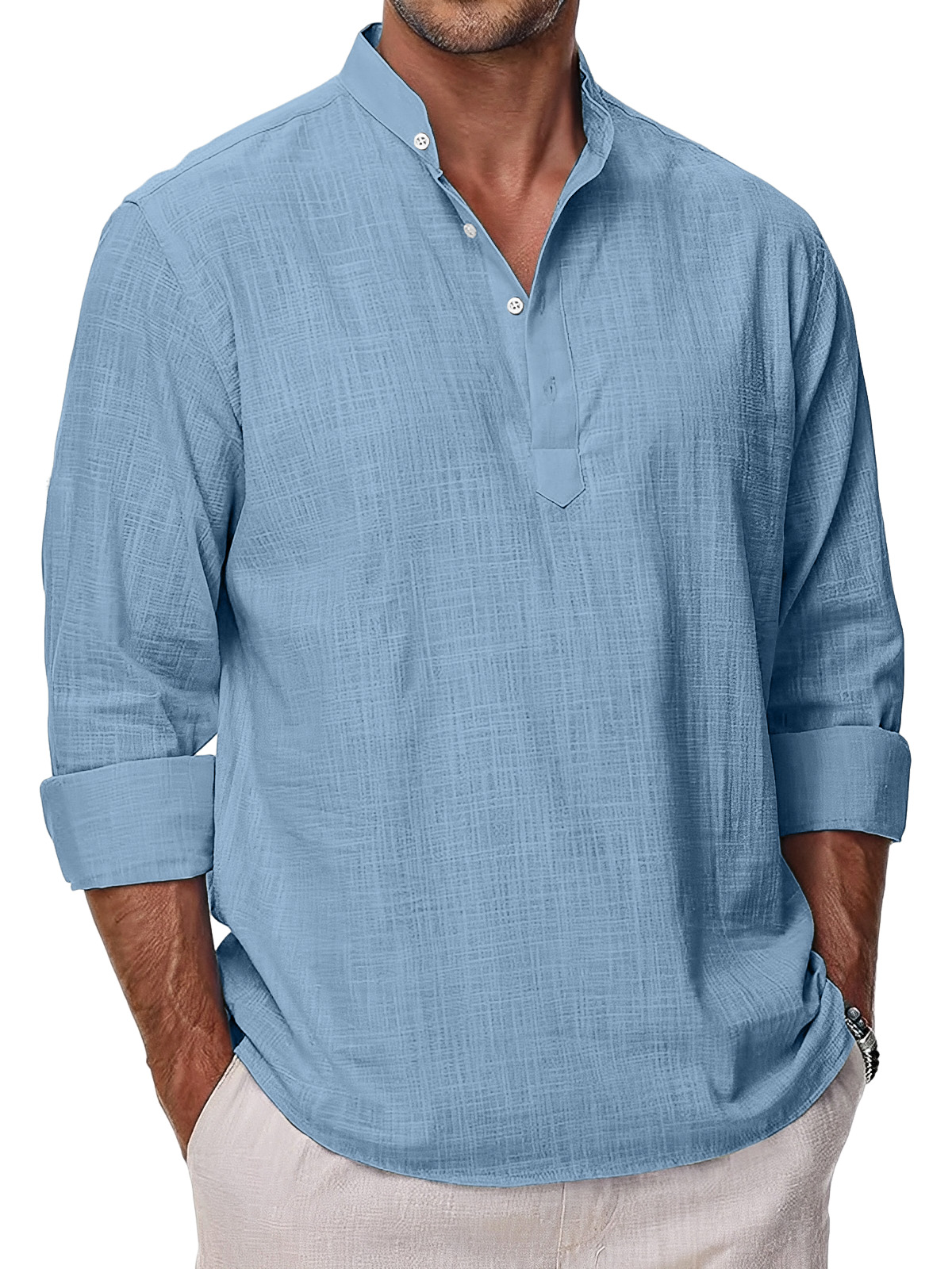 Men's Simple Solid Color Casual Long Sleeve Stand Collar Polo Shirt