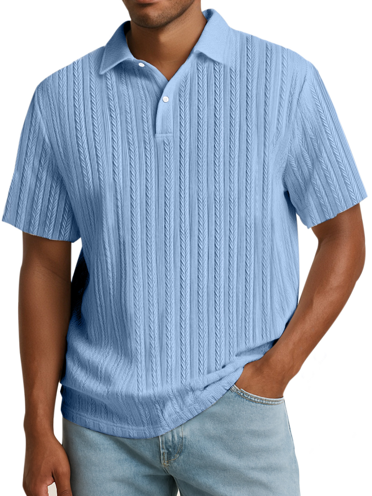 Men's Simple Solid Color Textured Lapel Button Polo Shirt