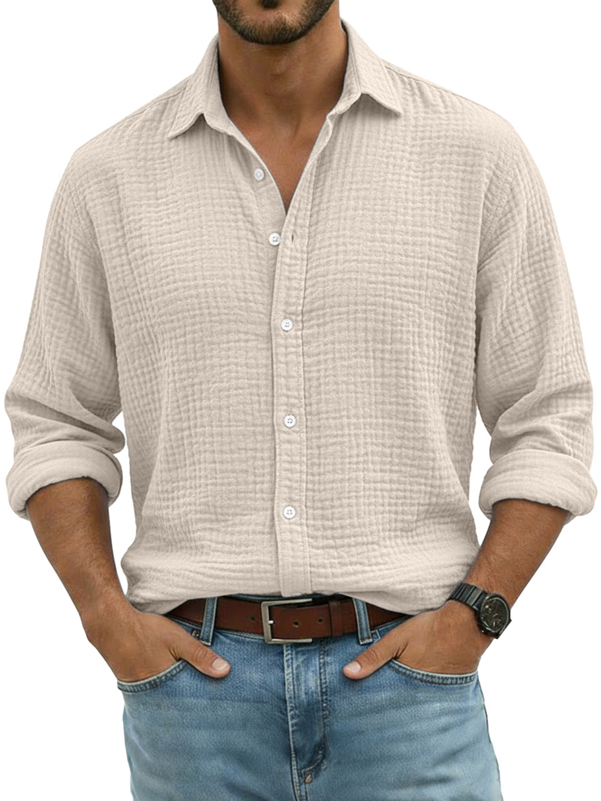 Men's Comfortable Solid Color Crinkled Breathable Long-sleeved Shirt