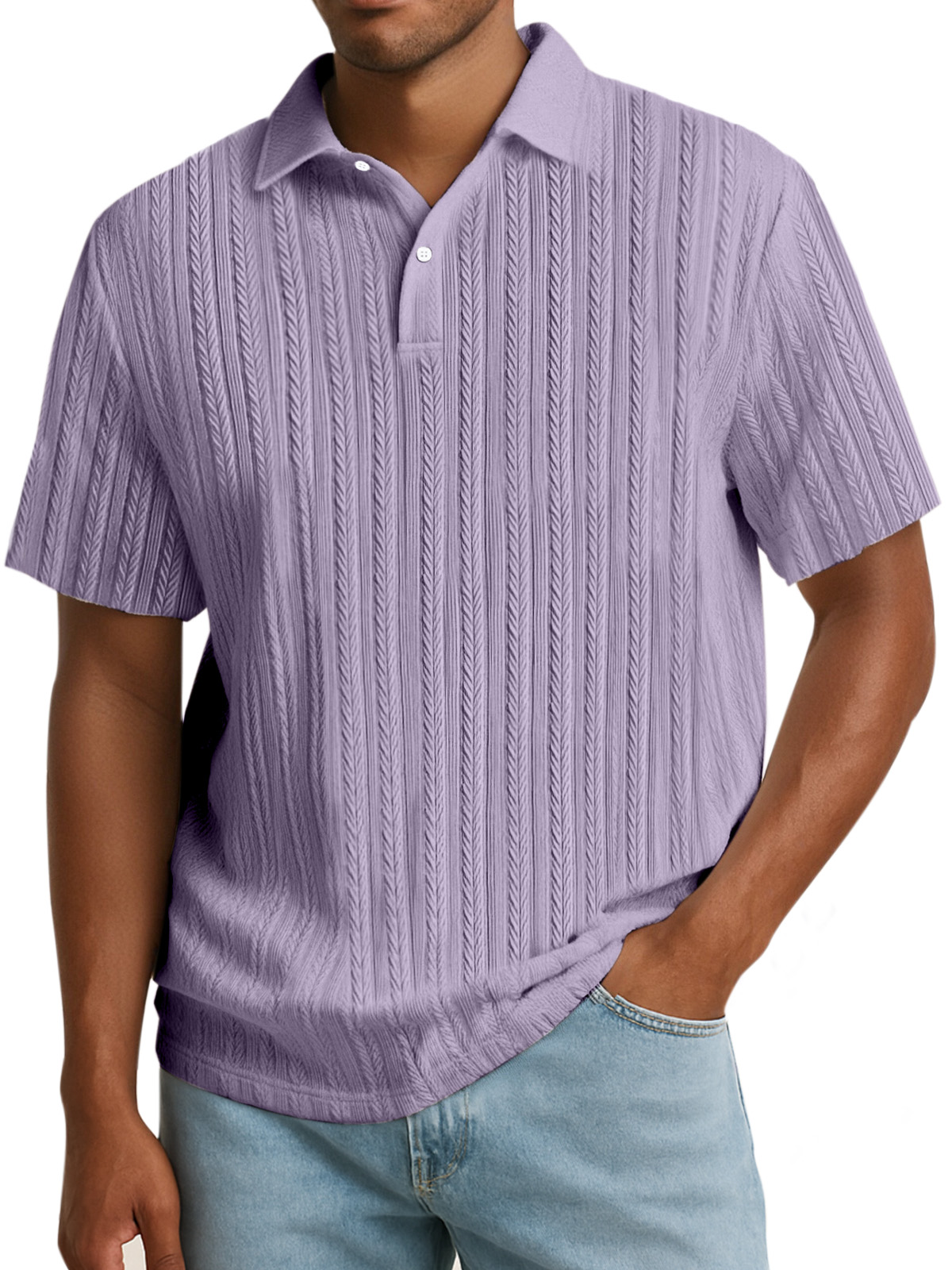 Men's Simple Solid Color Textured Lapel Button Polo Shirt
