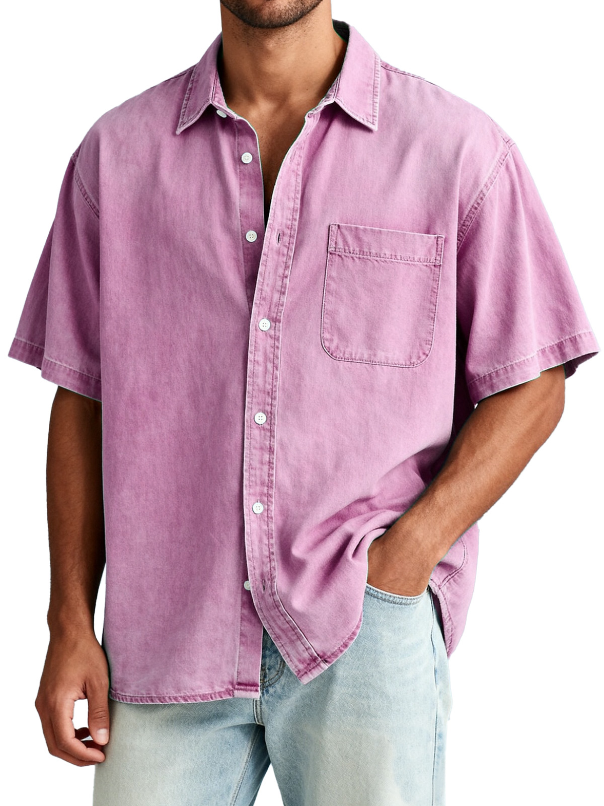 Men's American Retro Solid Color Short Sleeve Shirt with Pocket
