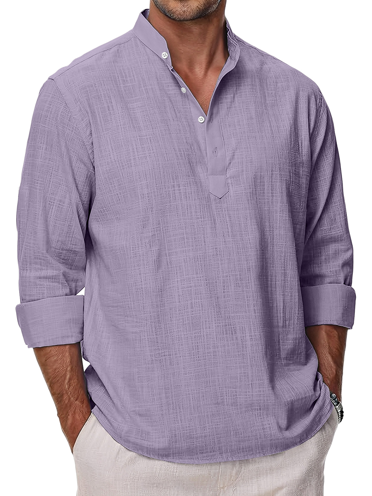 Men's Simple Solid Color Casual Long Sleeve Stand Collar Polo Shirt