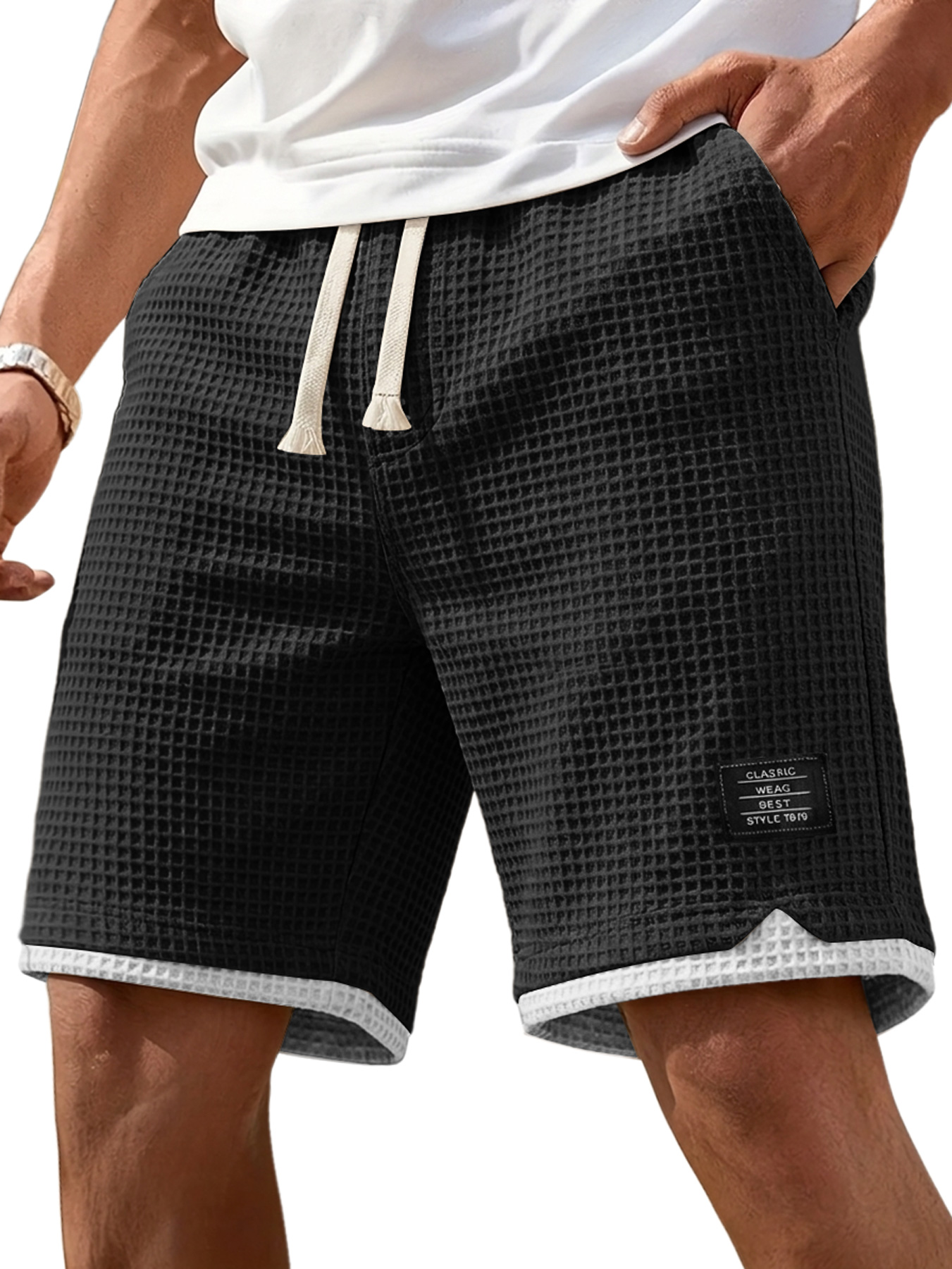 Men's Casual Waffle Color Block Embroidered Logo Loose Shorts