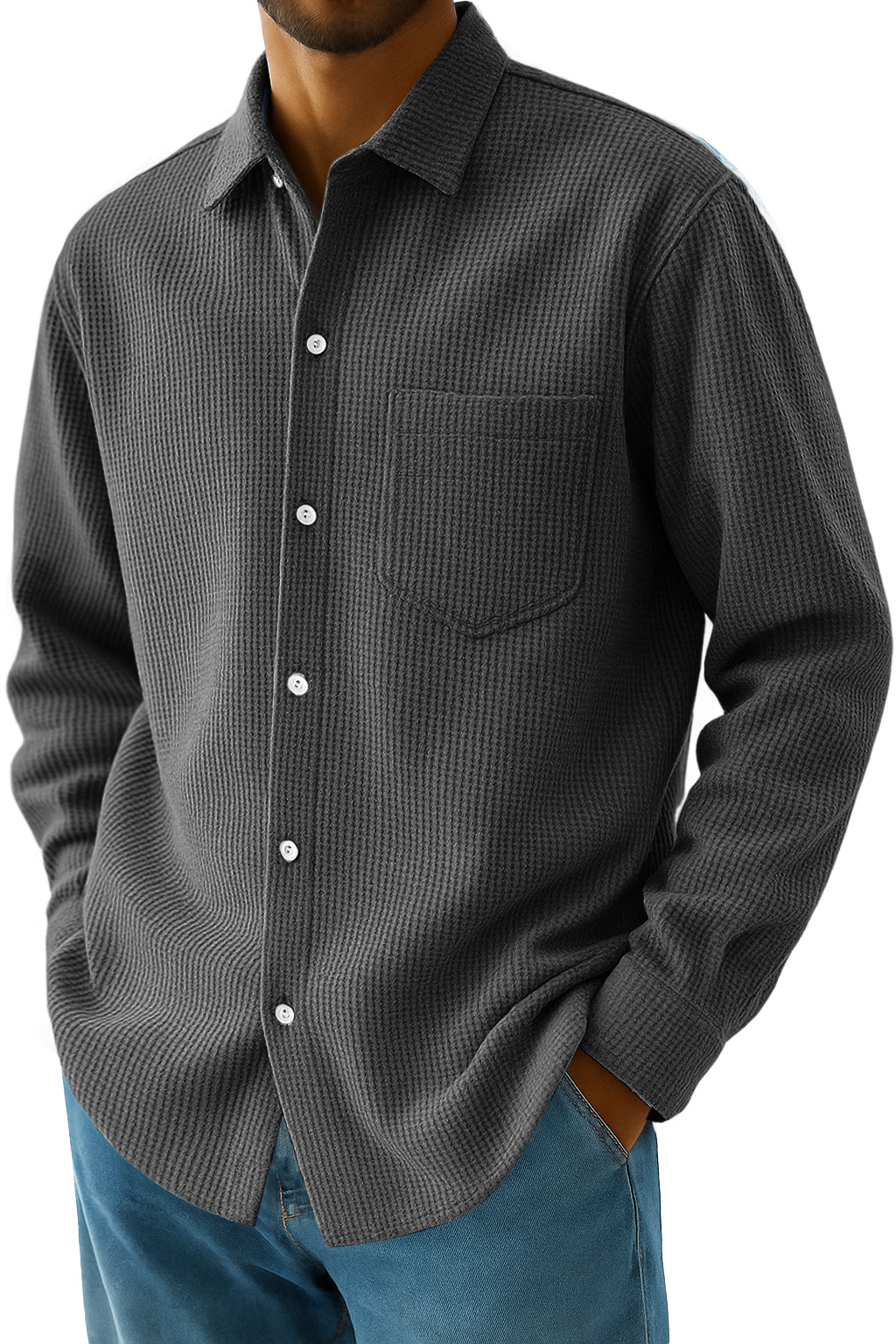 Men's Everyday Waffle Casual Pocket Long Sleeve Shirt
