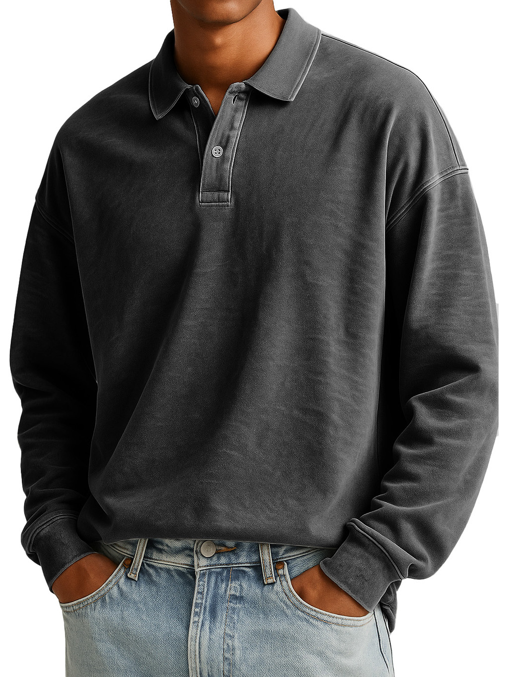 Men's Stylish Casual Padded Lapel Button-stitched Ribbed Long-sleeved Polo Shirt