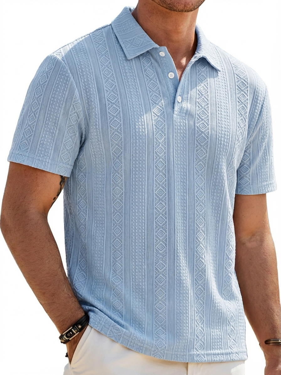 Men's Solid-Color Striped Jacquard Casual Short-Sleeve Polo Shirt