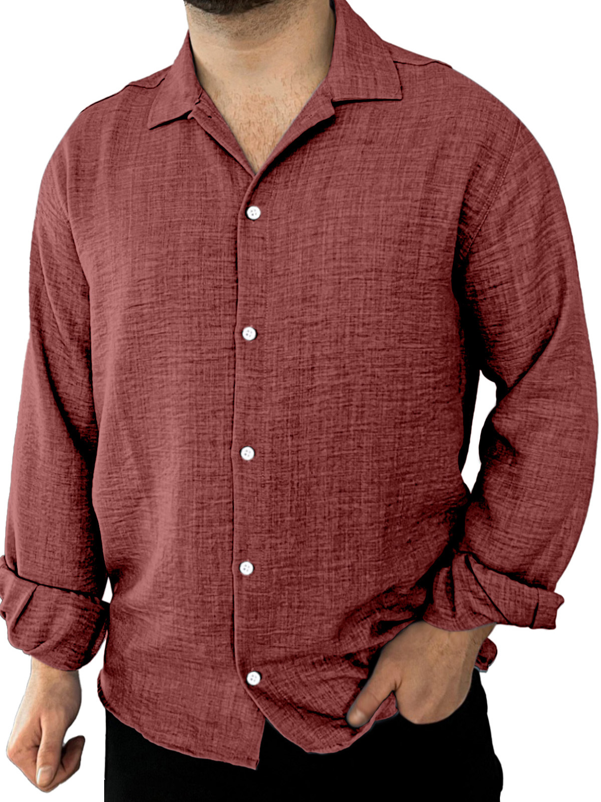 Men's Simple Daily Casual Solid Color Lapel Long-sleeved Shirt