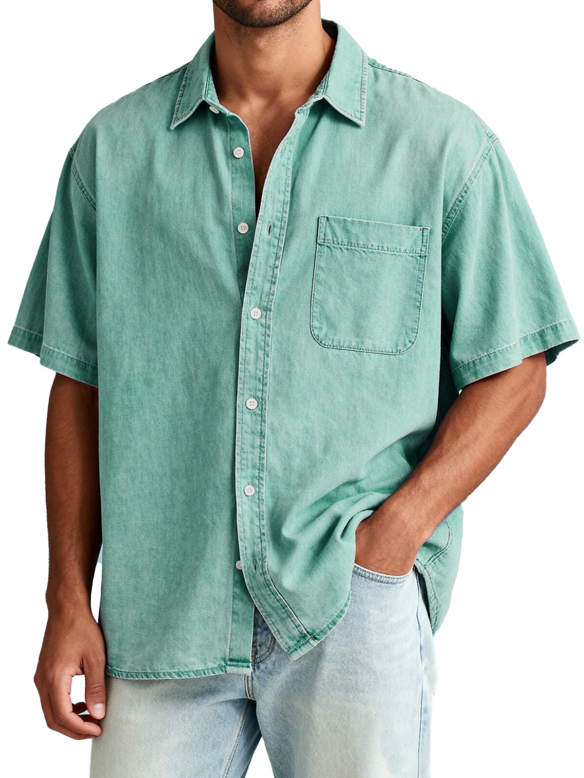 Men's American Retro Solid Color Short Sleeve Shirt with Pocket