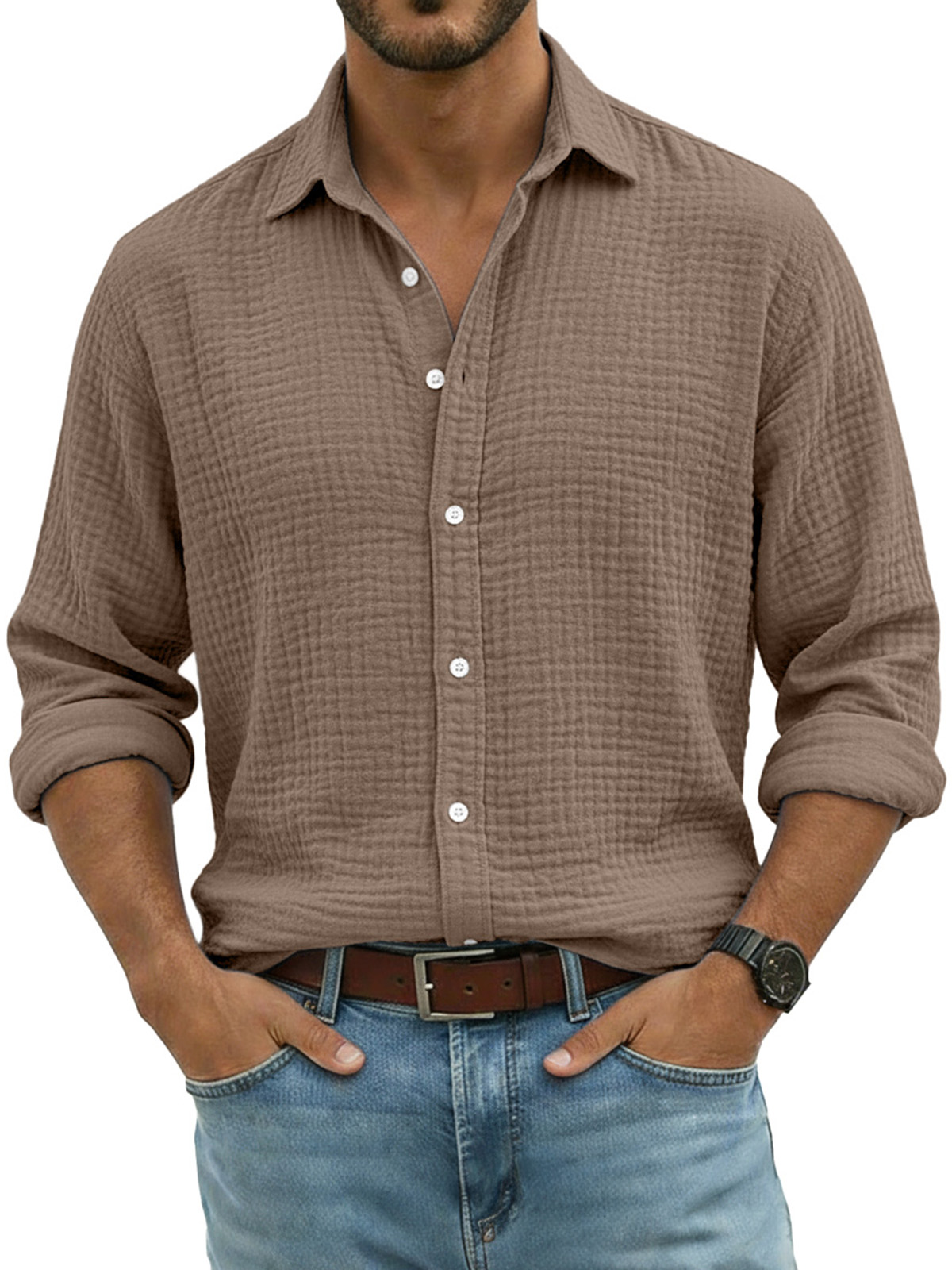 Men's Comfortable Solid Color Crinkled Breathable Long-sleeved Shirt