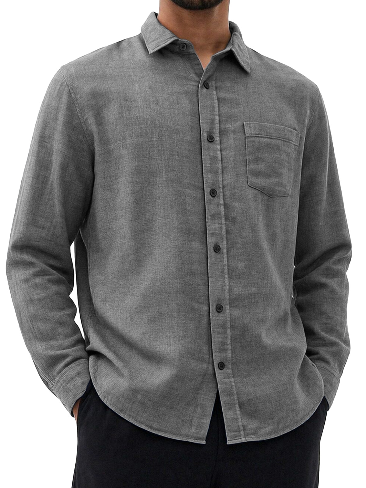 Men's Retro Simple And Versatile Solid Color Collared Long-sleeved Shirt