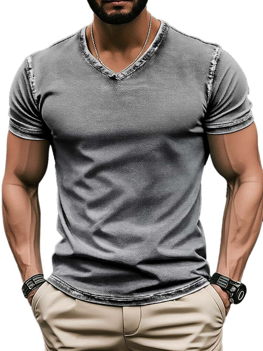 Men's Retro Solid Color V-neck Short Sleeve T-shirt