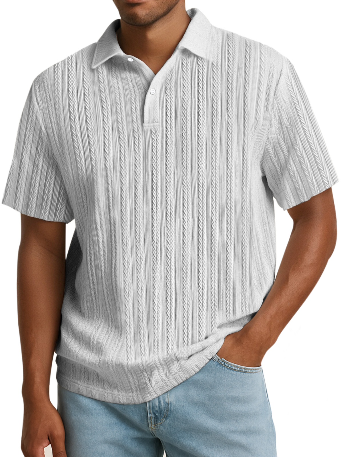 Men's Simple Solid Color Textured Lapel Button Polo Shirt