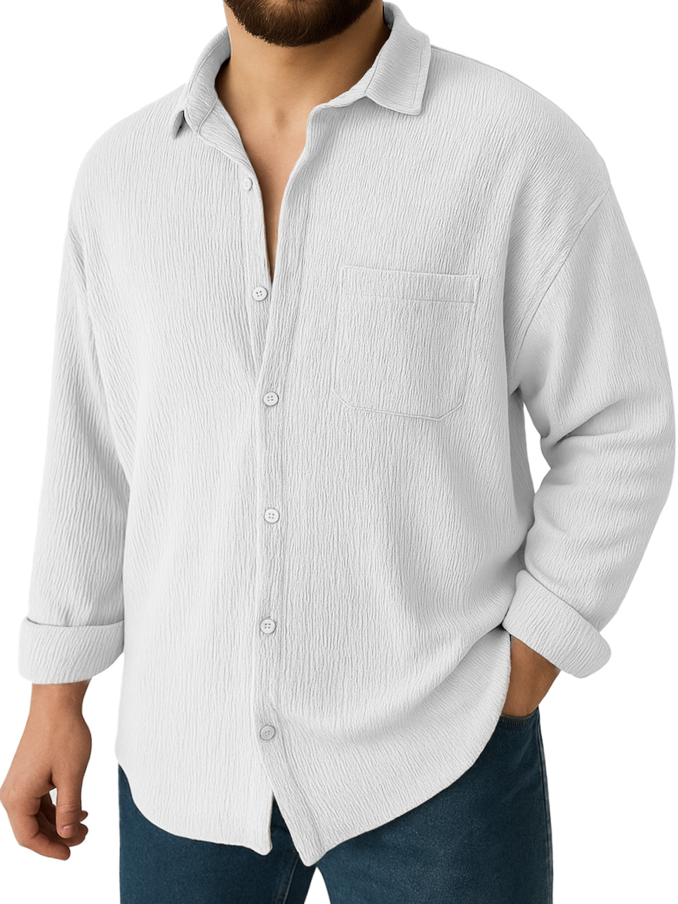 Men's Clothing Fashionable Daily Jacquard Texture Fabric Loose Pockets Long-sleeved Lapel Shirt