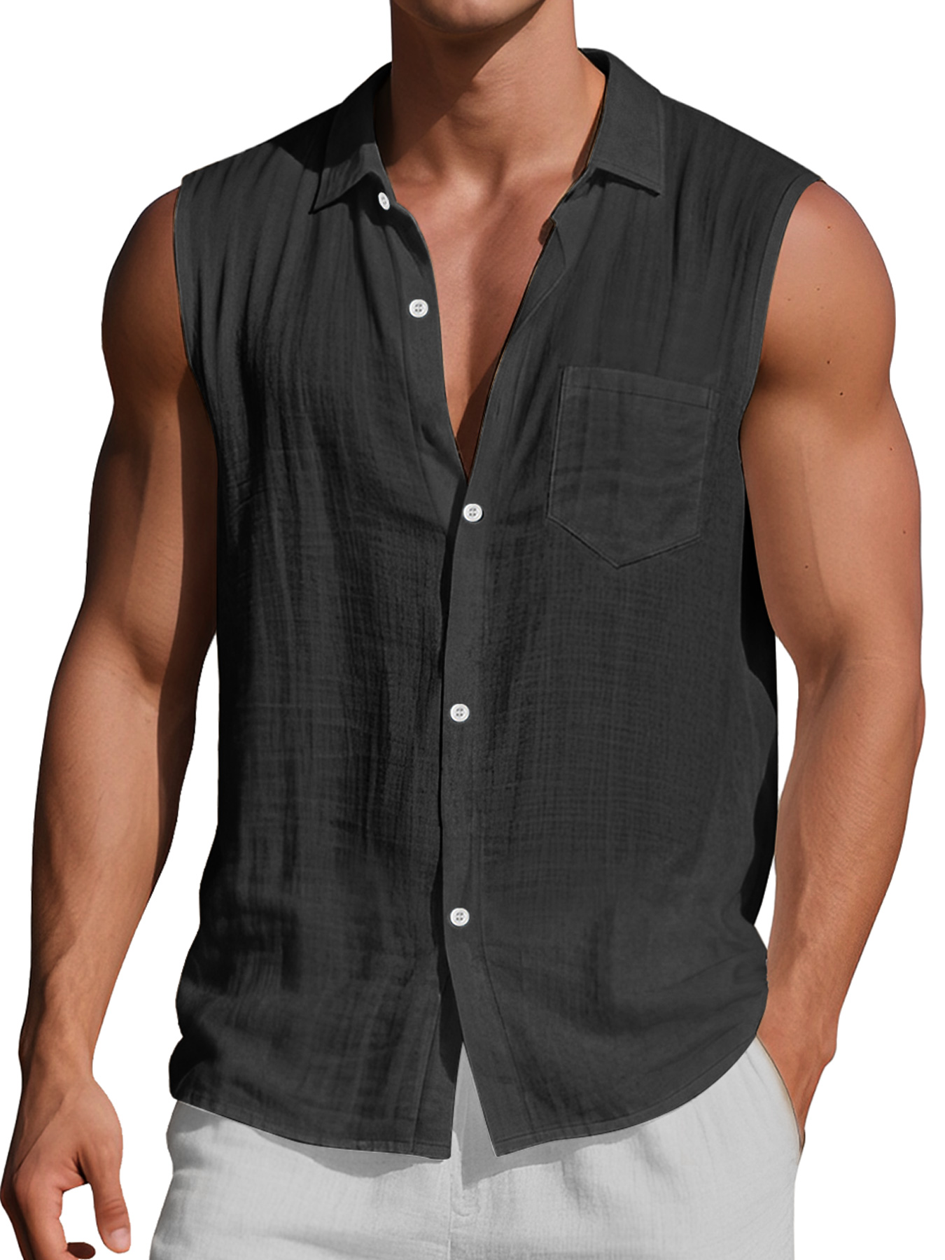 Men's Daily Casual Lapel Pocket Comfort Sleeveless Shirt