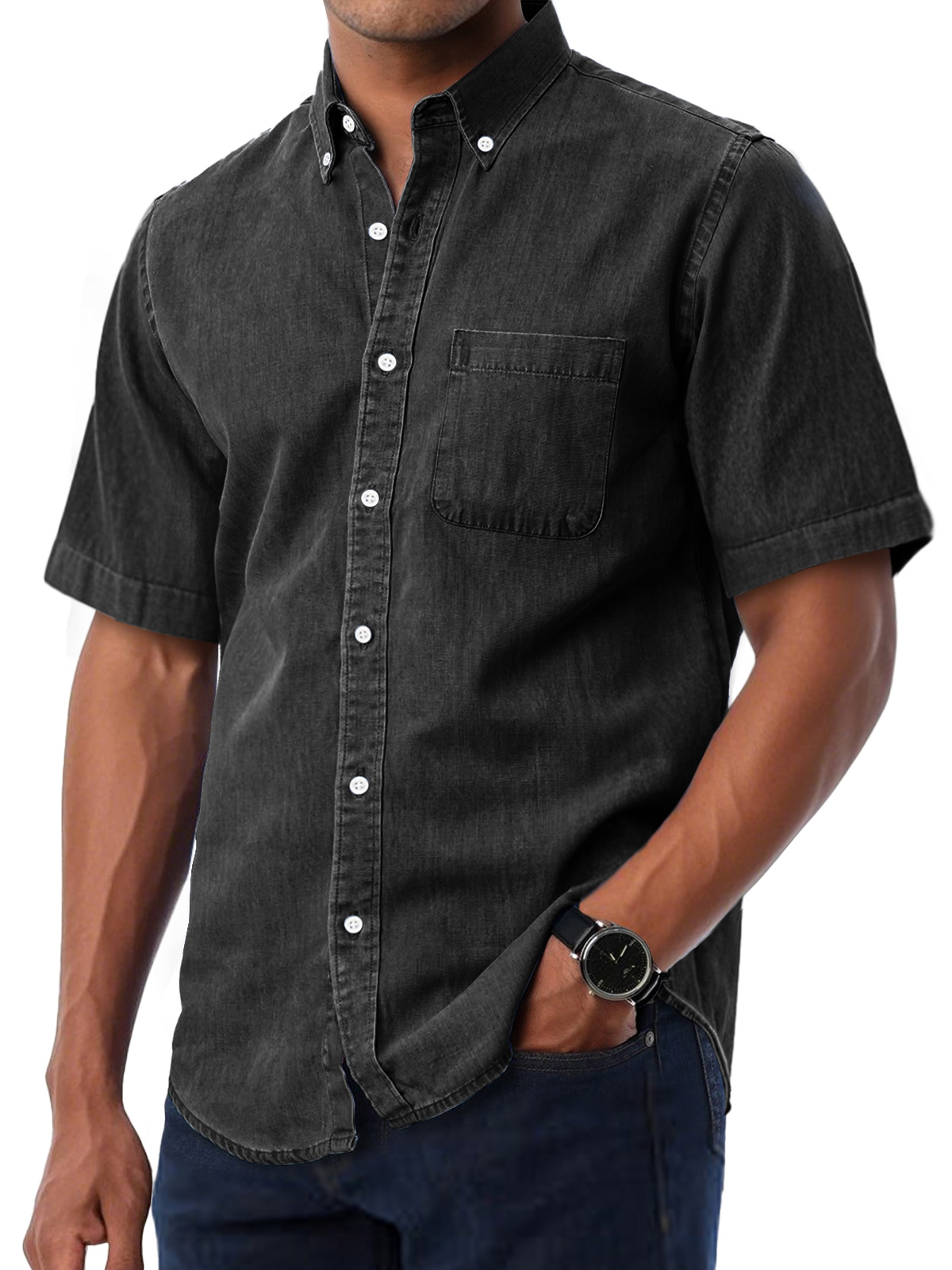Men's Daily Casual Lapel Pocket Solid Color Comfortable Short Sleeve Shirt