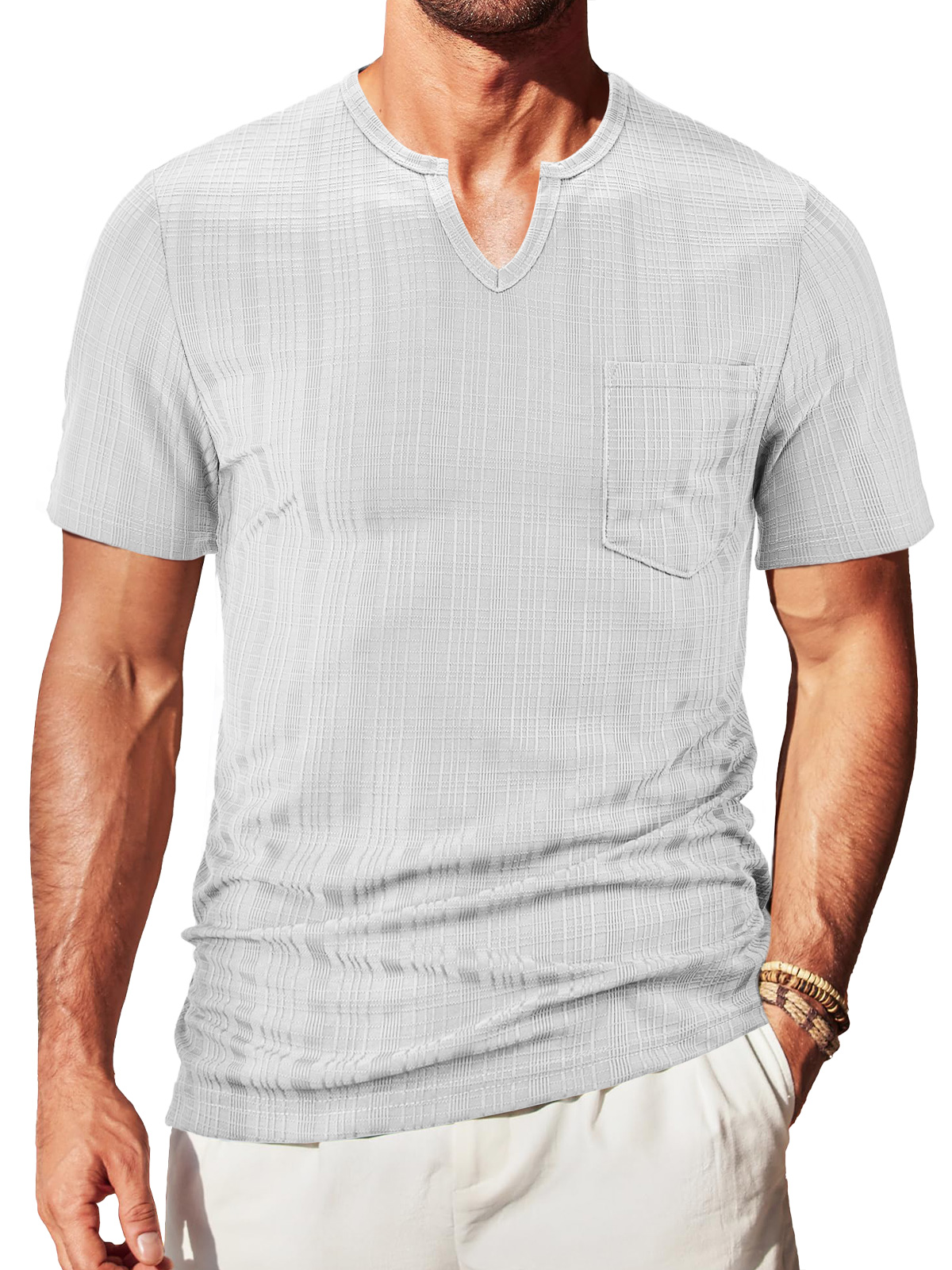 Men's V-neck Textured Pocket Solid Color Short-sleeved T-shirt