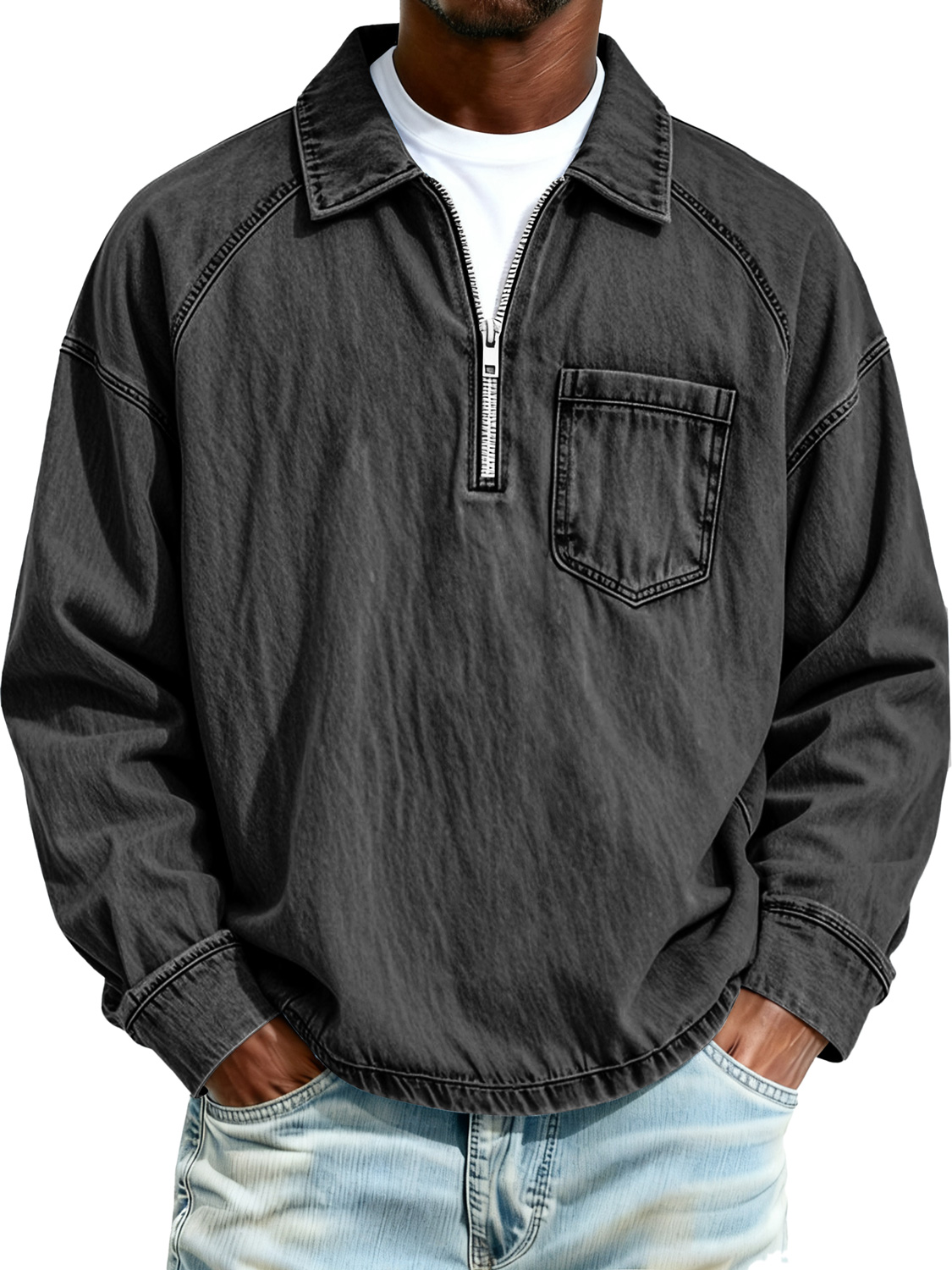 Men's Retro Raglan Collar Zipper Casual Pocket Long-Sleeve Polo Shirt