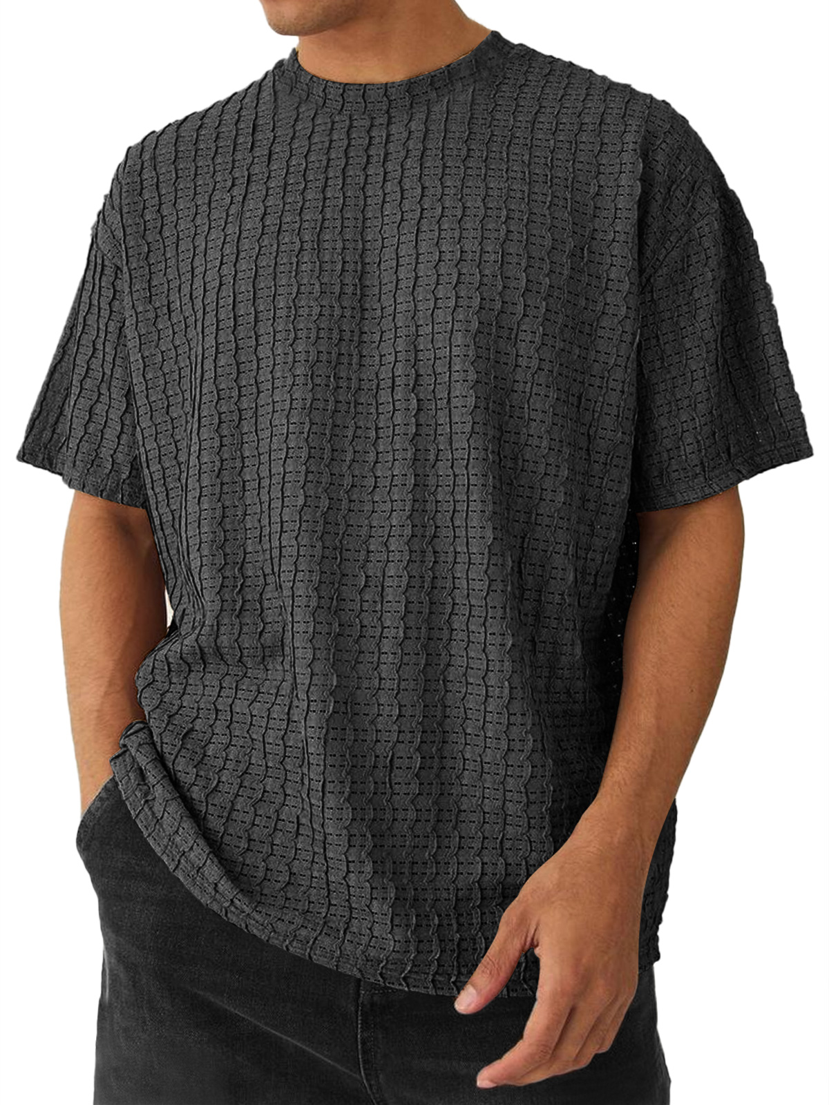 Men's Round Neck Casual Texture Solid Color Short-sleeved T-shirt