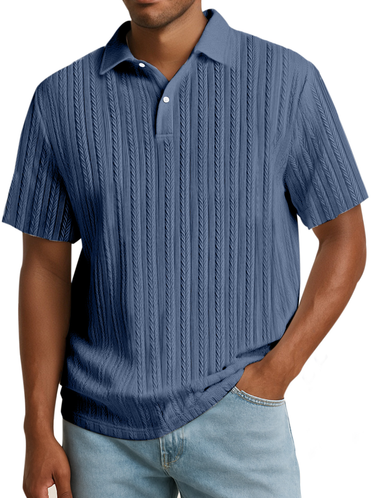 Men's Simple Solid Color Textured Lapel Button Polo Shirt